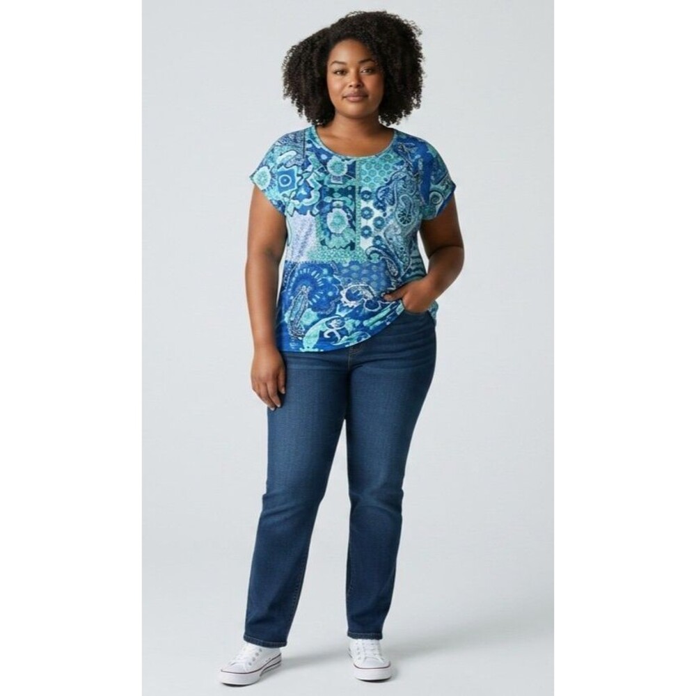 Chico's Women's Size 3 Blue Teal Paisley Beaded Sequin Cotton Cap Sleeve Top